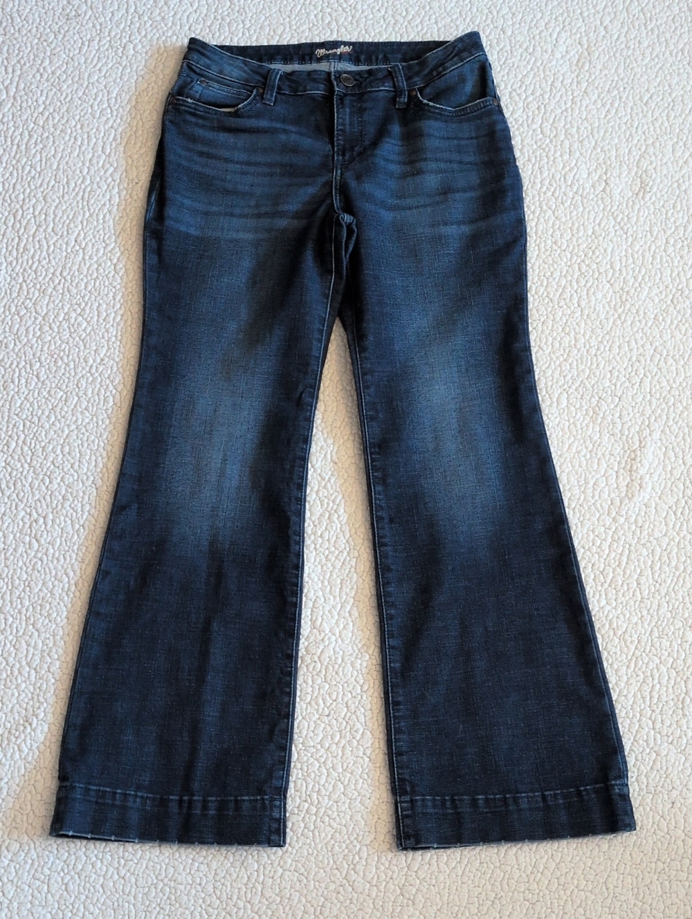 Wrangler Dark Wash Flare Leg Western Distressed Acid Washed Jeans Cowgirl Cotton